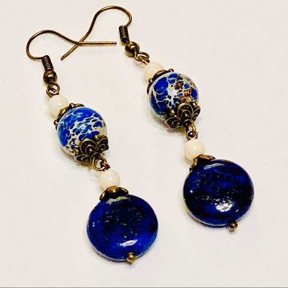 Lapis Lazuli & Blue Sea Sediment Jasper Earrings - Picture 7 of 7
